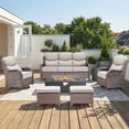 thumbnail image 1 of Patiobula Patio High-Back Furniture Set with Fire Pit Table, Outdoor Luxury Oversized Sectional Swivel Rocker Chairs Sets, Wicker 7-Seat Conversation Set for Porch, Balcony, Deck, Brown/Beige, 1 of 11