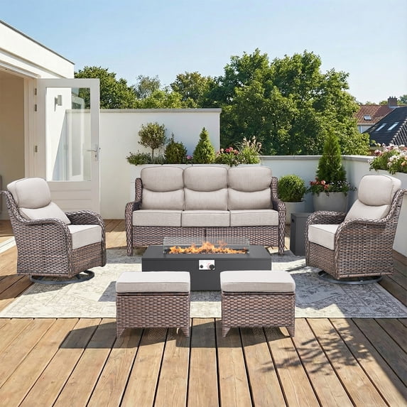 Patiobula Patio High-Back Furniture Set with Fire Pit Table, Outdoor Luxury Oversized Sectional Swivel Rocker Chairs Sets, Wicker 7-Seat Conversation Set for Porch, Balcony, Deck, Brown/Beige