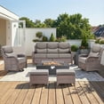 thumbnail image 1 of Patiobula Patio High-Back Furniture Set with Fire Pit Table, Outdoor Luxury Oversized Sectional Swivel Rocker Chairs Sets, Wicker 7-Seat Conversation Set for Porch, Balcony, Deck, Brown/Gray, 1 of 11