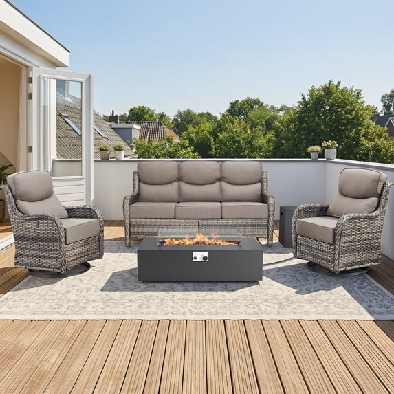 Patiobula Patio High-Back Furniture Set with Fire Pit Table, Outdoor Luxury Oversized Sectional Swivel Rocker Chairs Sets, Wicker Conversation Set for Porch, Balcony, Deck, Gray/Gray