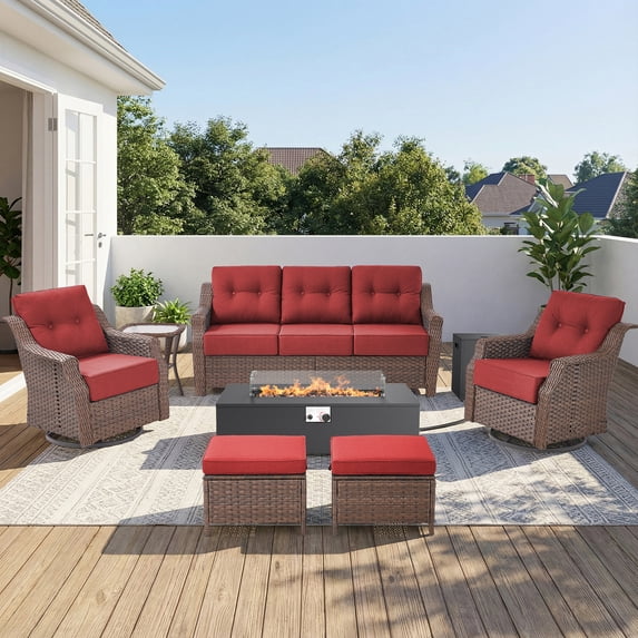 Patiobula Patio High-Back Furniture Set with Fire Pit Table, Outdoor Sectional Swivel Rocker Chairs Sets with 6-Inch Cushions, Wicker 7-Seat Conversation Set for Porch, Balcony, Deck, Brown/Red