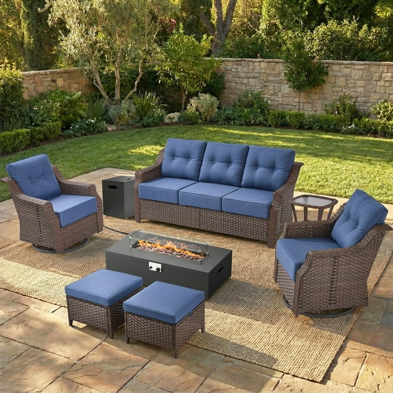 Patiobula Patio High-Back Furniture Set with Fire Pit Table, Outdoor Sectional Swivel Rocker Chairs Sets with 6-Inch Cushions, Wicker 7-Seat Conversation Set for Porch, Balcony, Deck, Brown/Navy
