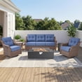 thumbnail image 1 of Patiobula Patio High-Back Furniture Set with Fire Pit Table, Outdoor Sectional Swivel Rocker Chairs Sets with Luxury 6-Inch Cushions, Wicker Conversation Set for Porch, Balcony, Deck, Brown/Navy, 1 of 12