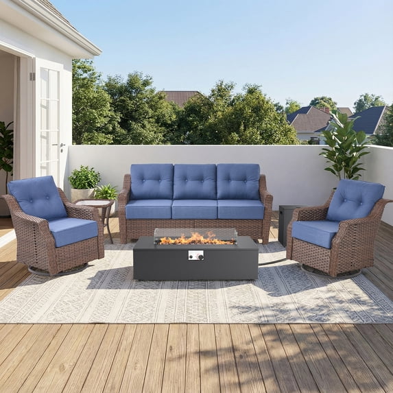Patiobula Patio High-Back Furniture Set with Fire Pit Table, Outdoor Sectional Swivel Rocker Chairs Sets with Luxury 6-Inch Cushions, Wicker Conversation Set for Porch, Balcony, Deck, Brown/Navy