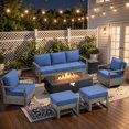 thumbnail image 1 of Patiobula Patio Luxury Oversized Furniture Set with Fire Pit Table, Outdoor All-Weather Sectional Swivel Rocker Chairs Sets, Wicker 7-Seat Conversation Set for Porch, Balcony, Deck, Gray/Navy, 1 of 12