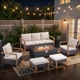 thumbnail image 1 of Patiobula Patio Luxury Oversized Furniture Set with Fire Pit Table, Outdoor All-Weather Sectional Swivel Rocker Chairs Sets, Wicker 7-Seat Conversation Set for Porch, Balcony, Deck, Brown/Beige, 1 of 12