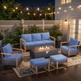 thumbnail image 1 of Patiobula Patio Luxury Oversized Furniture Set with Fire Pit Table, Outdoor All-Weather Sectional Swivel Rocker Chairs Sets, Wicker 7-Seat Conversation Set for Porch, Balcony, Deck, Brown/Navy, 1 of 12