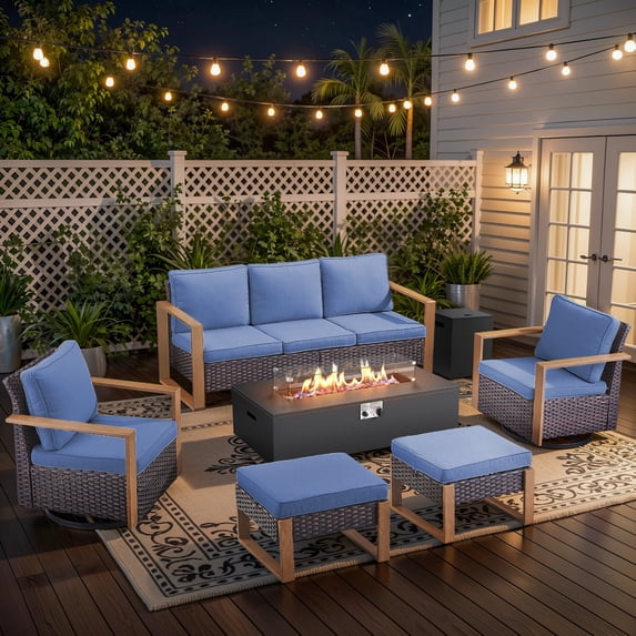 Patiobula Patio Luxury Oversized Furniture Set with Fire Pit Table, Outdoor All-Weather Sectional Swivel Rocker Chairs Sets, Wicker 7-Seat Conversation Set for Porch, Balcony, Deck, Brown/Navy