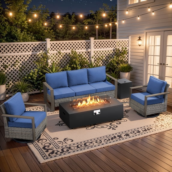 Patiobula Patio Luxury Oversized Furniture Set with Fire Pit Table, Outdoor All-Weather Sectional Swivel Rocker Chairs Sets, Wicker Conversation Set for Porch, Balcony, Deck, Gray/Navy