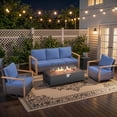 thumbnail image 1 of Patiobula Patio Luxury Oversized Furniture Set with Fire Pit Table, Outdoor All-Weather Sectional Swivel Rocker Chairs Sets, Wicker Conversation Set for Porch, Balcony, Deck, Brown/Navy, 1 of 12