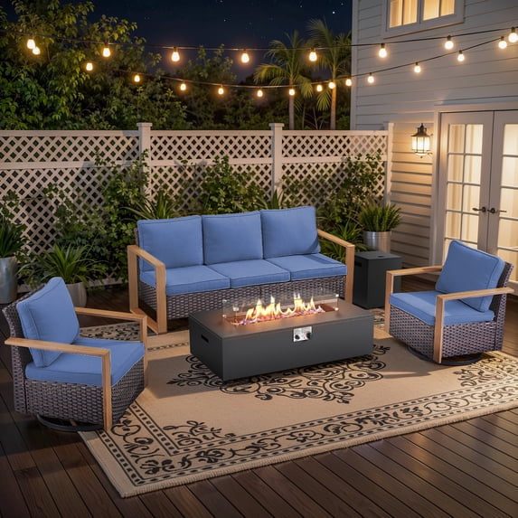 Patiobula Patio Luxury Oversized Furniture Set with Fire Pit Table, Outdoor All-Weather Sectional Swivel Rocker Chairs Sets, Wicker Conversation Set for Porch, Balcony, Deck, Brown/Navy