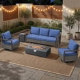 thumbnail image 1 of Patiobula Patio Luxury Oversized Furniture Set with Fire Pit Table, Outdoor All-Weather Sectional Swivel Rocker Chairs Sets, Wicker Conversation Set for Porch, Balcony, Deck, Gray/Navy, 1 of 12