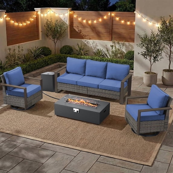 Patiobula Patio Luxury Oversized Furniture Set with Fire Pit Table, Outdoor All-Weather Sectional Swivel Rocker Chairs Sets, Wicker Conversation Set for Porch, Balcony, Deck, Gray/Navy