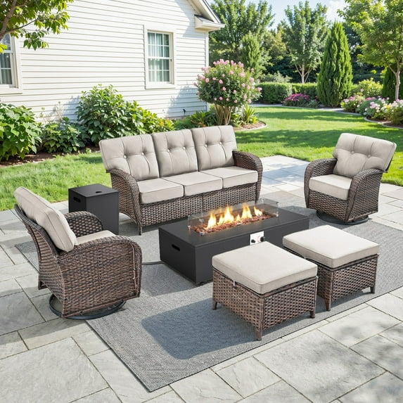 Patiobula Wicker Patio Furniture Set with Fire Pit Table, Outdoor Luxury High-Back Sectional Swivel Rocker Chairs Sets, Oversized 7-Seat Conversation Set for Porch, Balcony, Deck, Brown/Beige