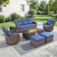 thumbnail image 1 of Patiobula Wicker Patio Furniture Set with Fire Pit Table, Outdoor Luxury High-Back Sectional Swivel Rocker Chairs Sets, Oversized 7-Seat Conversation Set for Porch, Balcony, Deck, Brown/Navy, 1 of 12