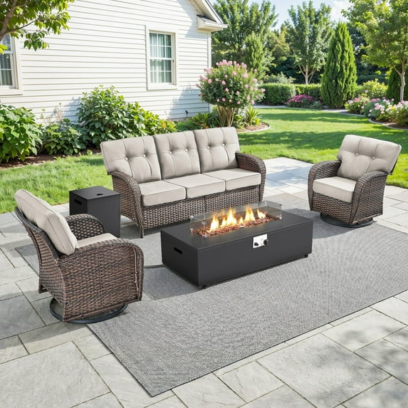 Patiobula Wicker Patio Furniture Set with Fire Pit Table, Outdoor Luxury High-Back Sectional Swivel Rocker Chairs Sets, Oversized Conversation Set for Porch, Balcony, Deck, Brown/Beige