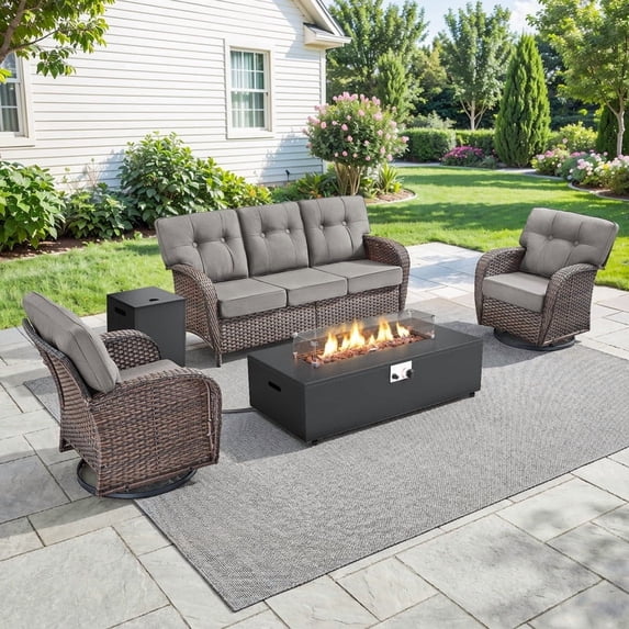 Patiobula Wicker Patio Furniture Set with Fire Pit Table, Outdoor Luxury High-Back Sectional Swivel Rocker Chairs Sets, Oversized Conversation Set for Porch, Balcony, Deck, Brown/Gray