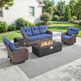 thumbnail image 1 of Patiobula Wicker Patio Furniture Set with Fire Pit Table, Outdoor Luxury High-Back Sectional Swivel Rocker Chairs Sets, Oversized Conversation Set for Porch, Balcony, Deck, Brown/Navy, 1 of 12
