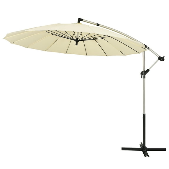 Patiojoy 10 FT Patio Offset Hanging Market Umbrella Cantilever Outdoor Umbrella w/Crank & Cross Base Beige