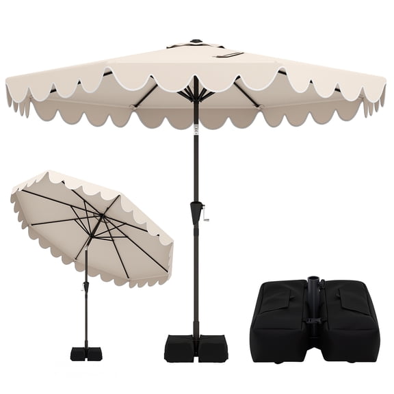Patiojoy 10 FT Patio Umbrella with Weighted Base Included Outdoor Market Umbrella with Push Button Tilt & Crank Beige