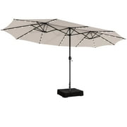 Patiojoy 15FT Double-Sided Twin Patio Umbrella with Base Extra-Large&48 Solar LED Lights Market Umbrella for Outdoor Beige