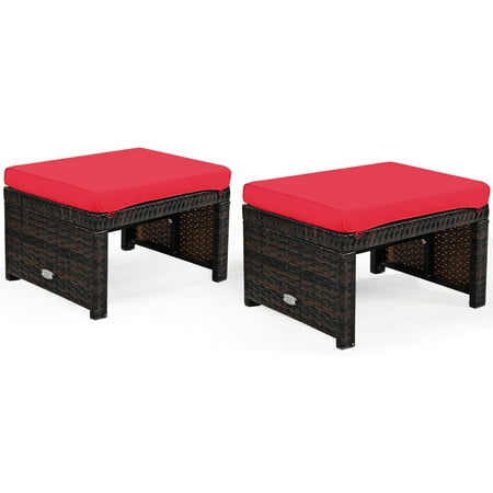 Patiojoy 2 PCS Outdoor Wicker Ottoman Patio Rattan Furniture Metal Footrest Seat Square Footstool with Cushion Red