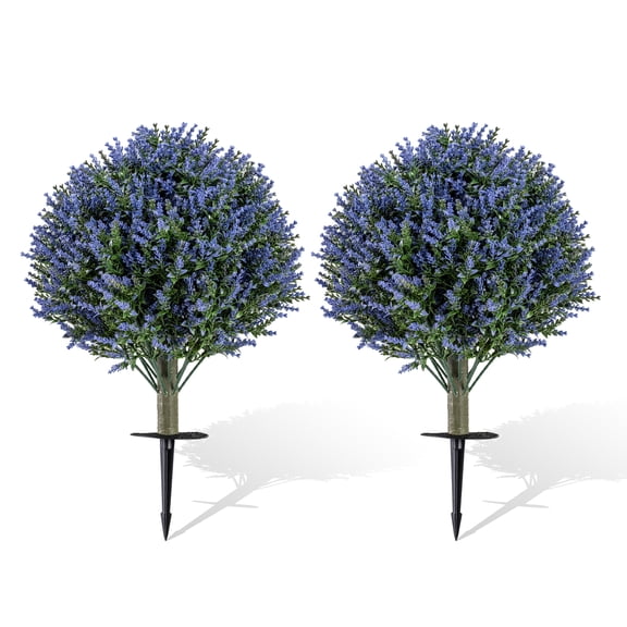 Patiojoy 2 Pack Artificial Lavender Topiary Ball Trees 24" Faux Shrub Bushes with Ground Spike