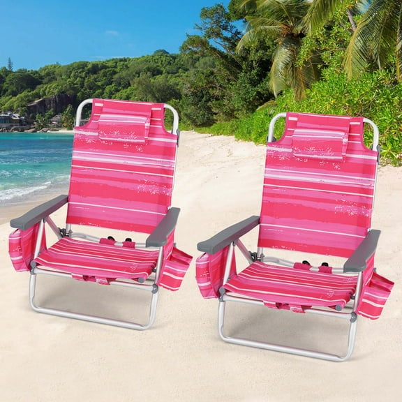 Costway 2-Pack Folding Backpack Beach Chair 5-Position Outdoor Reclining Chairs with Pillow Dark Pink