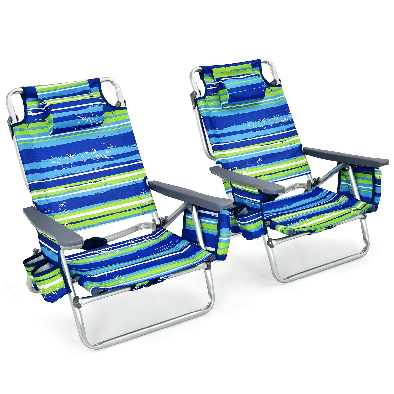 Blue and Green Striped Aluminum Folding Beach Chairs with Arms