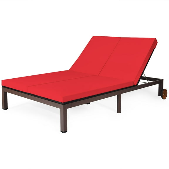 Patiojoy 2-Person Patio Rattan Recliner Chair Chaise Lounge Daybed with Wheels & Cushion Red