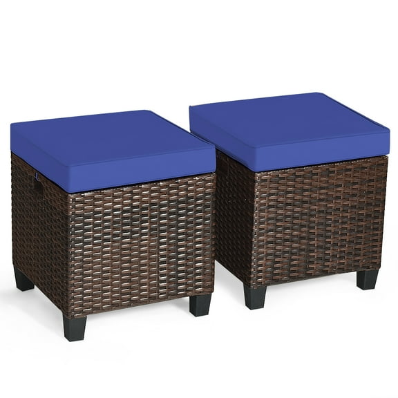 Patiojoy 2 Piece Outdoor Patio Rattan Ottoman Cushioned Wicker Stools Navy