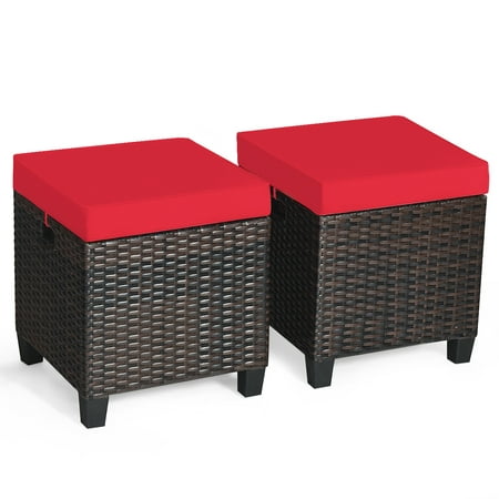 Patiojoy 2 Piece Outdoor Patio Rattan Ottoman Cushioned Wicker Stools Red