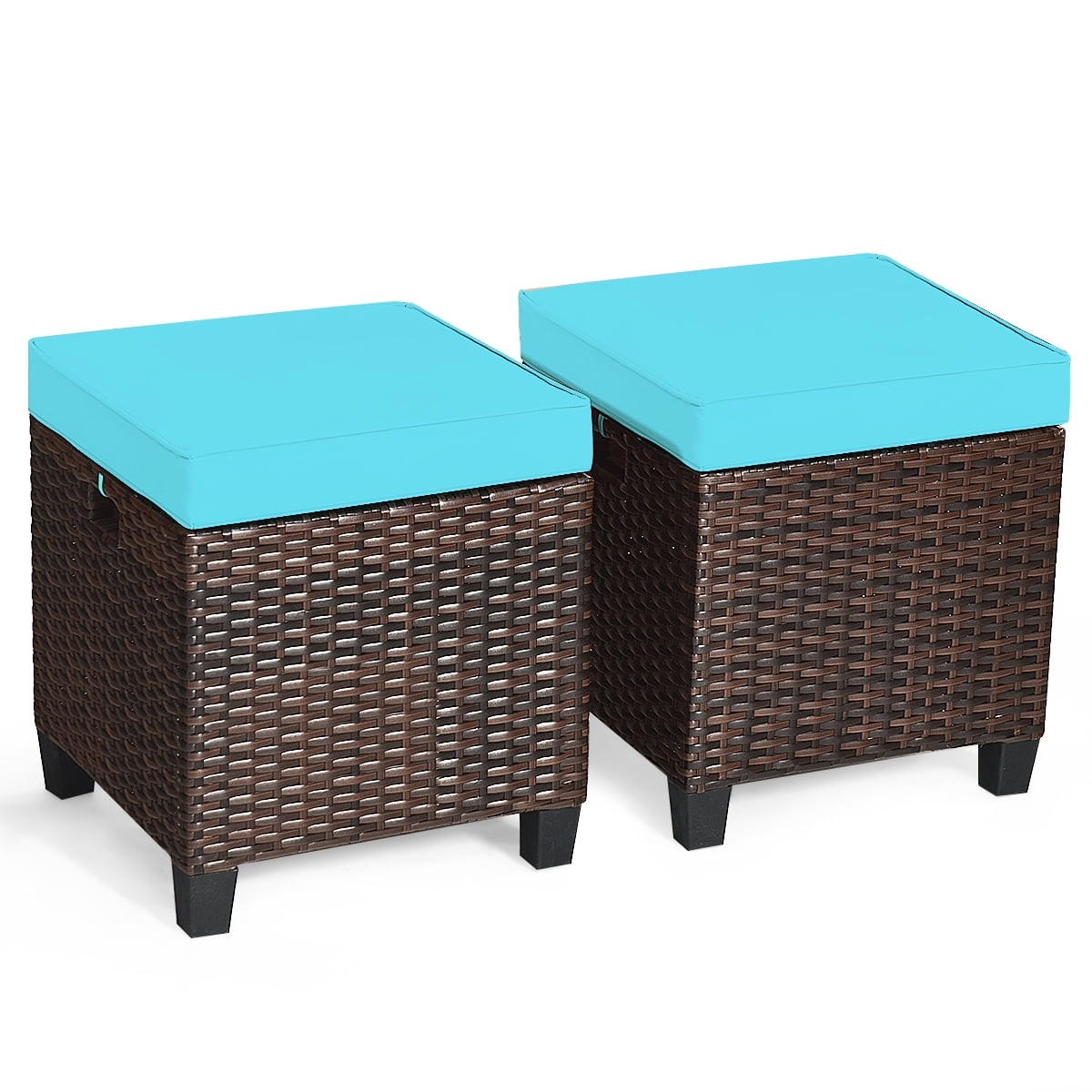Turquoise Cushioned Rattan Patio Ottoman Set with Steel Frame