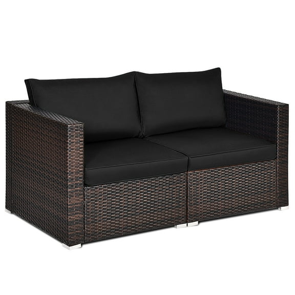 Patiojoy 2-Piece Patio Wicker Corner Sofa Set Rattan Loveseat with Removable Cushions Black