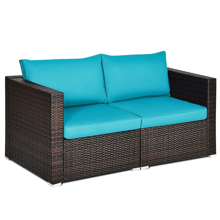 Patiojoy 2 Piece Patio Wicker Corner Sofa Set Rattan Loveseat with Removable Cushions Turquoise
