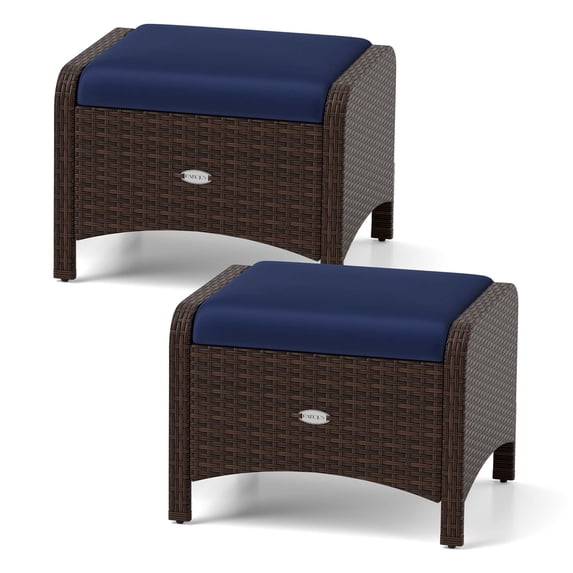 Costway 2 Pieces Outdoor Patio PE Wicker Ottomans with Removable Cushions Footstools Navy