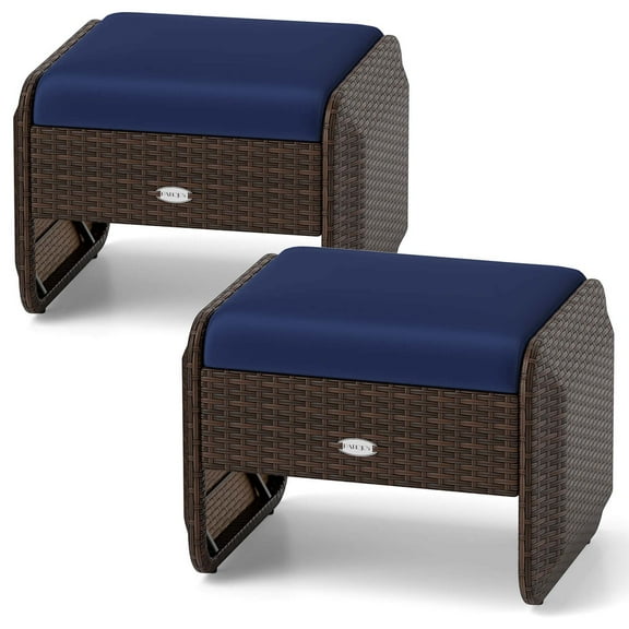 Costway 2 Pieces Outdoor Patio PE Wicker Ottomans with Removable Cushions Footstools Navy