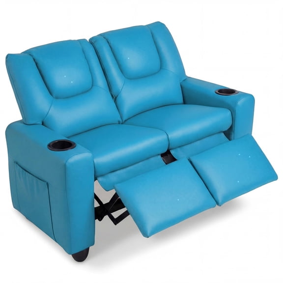 Patiojoy 2-Seater Kids Recliner Chair Double Toddler Loveseat Sofa with 2 Cup Holders and 2 Side Pockets Blue