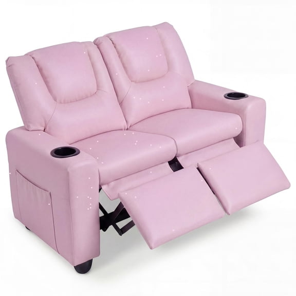 Patiojoy 2-Seater Kids Recliner Chair Double Toddler Loveseat Sofa with 2 Cup Holders and 2 Side Pockets Pink