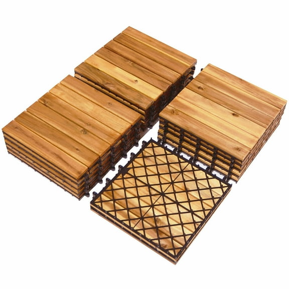 Patiojoy 27PCS 12"x12" Patio Interlocking Tiles Acacia Slat Wood Garden Outdoor &Indoor