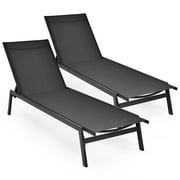 Patiojoy 2PC Patio Chaise Lounger with 6-Postion Adjustable Backrest and Breathable Fabric Black