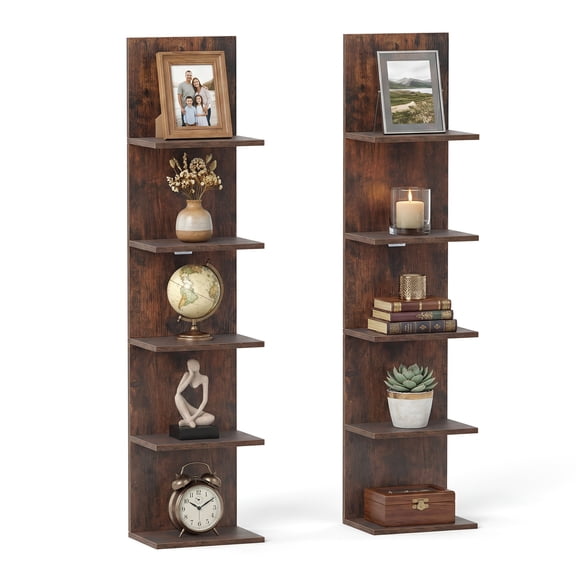 Patiojoy 2PCS 5-Tier Wall Mounted Shelf Unit Floating Vertical Storage Shelves with Wood Grain Rustic Brown