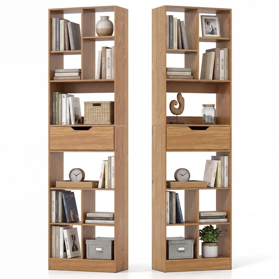Patiojoy 2PCS 71" Tall Freestanding Bookcase with Drawer 10-Cube Storage Organizer Natural