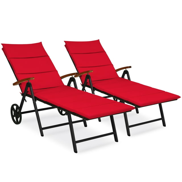 Patiojoy 2PCS Foldable Beach Sling Chair with 7 Adjustable Positions&Cushion Indoor Living Room Chaise Lounge Red