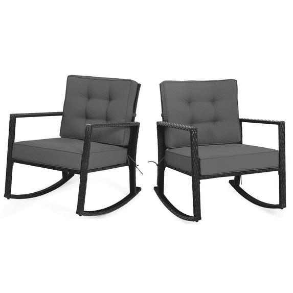 Patiojoy 2PCS Outdoor Wicker Rocking Chair Glider Rattan Rocker Recliner with Grey Cushion
