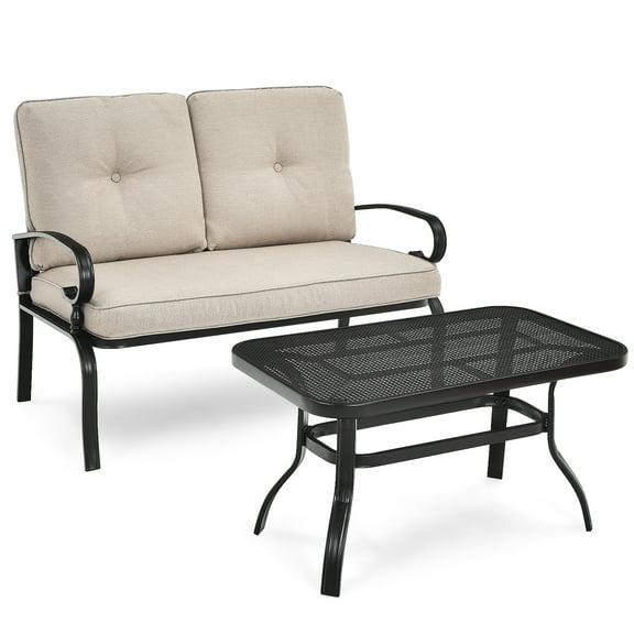 Patiojoy 2PCS Patio Conversation Set Outdoor Loveseat w/Coffee Table & Beige Cushions