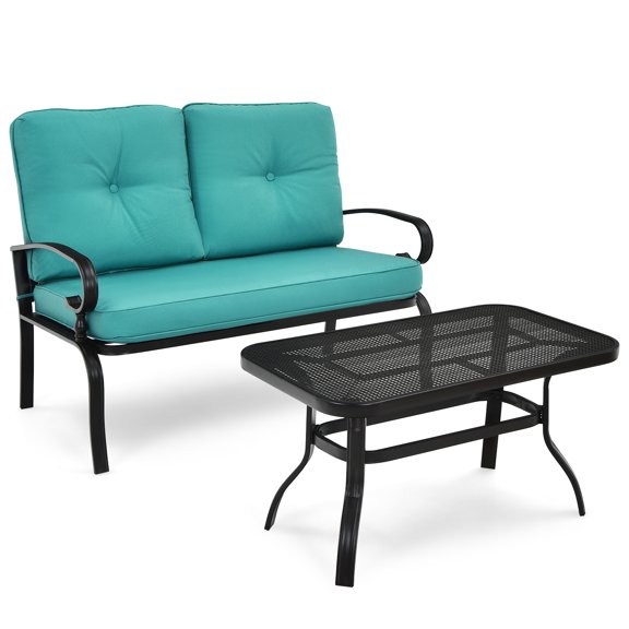 Patiojoy 2PCS Patio Conversation Set Outdoor Loveseat w/Coffee Table & Turquoise Cushions