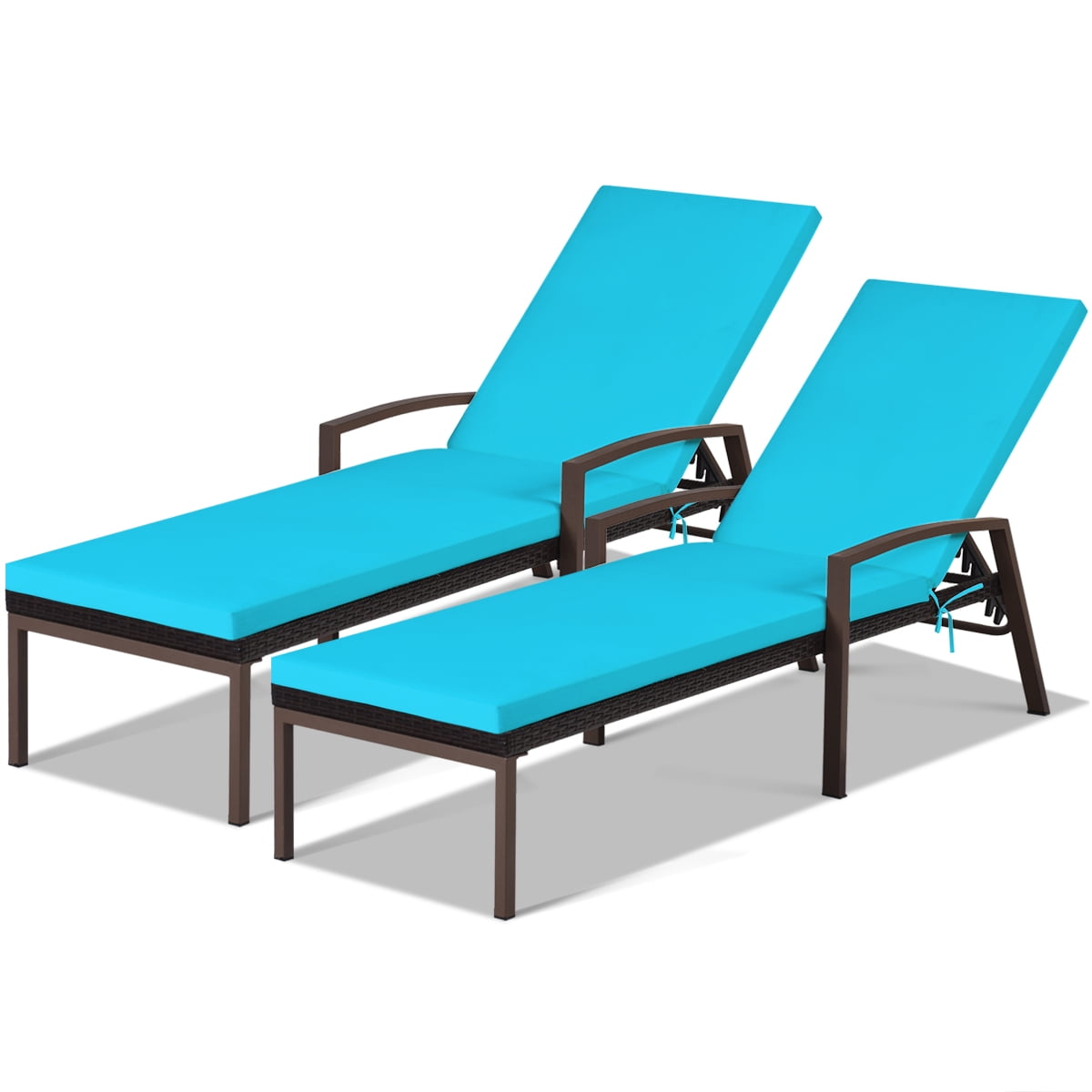 Turquoise Cushioned Rattan Chaise Lounge Chairs with Adjustable Backrest