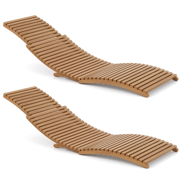 Patiojoy 2PCS Teak Wood Patio Chaise Lounge Foldable Low-Profile Sun Lounger with Slatted Seat