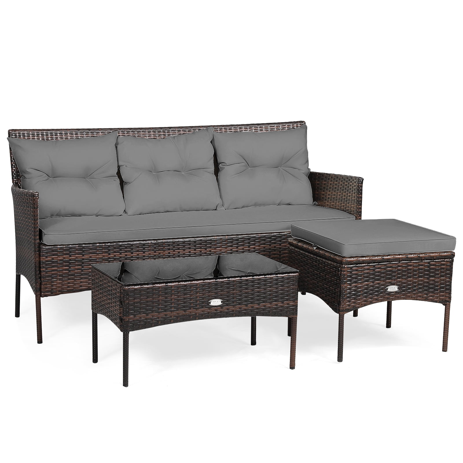 Gray 3-Piece Wicker Patio Conversation Set with Cushions and Table